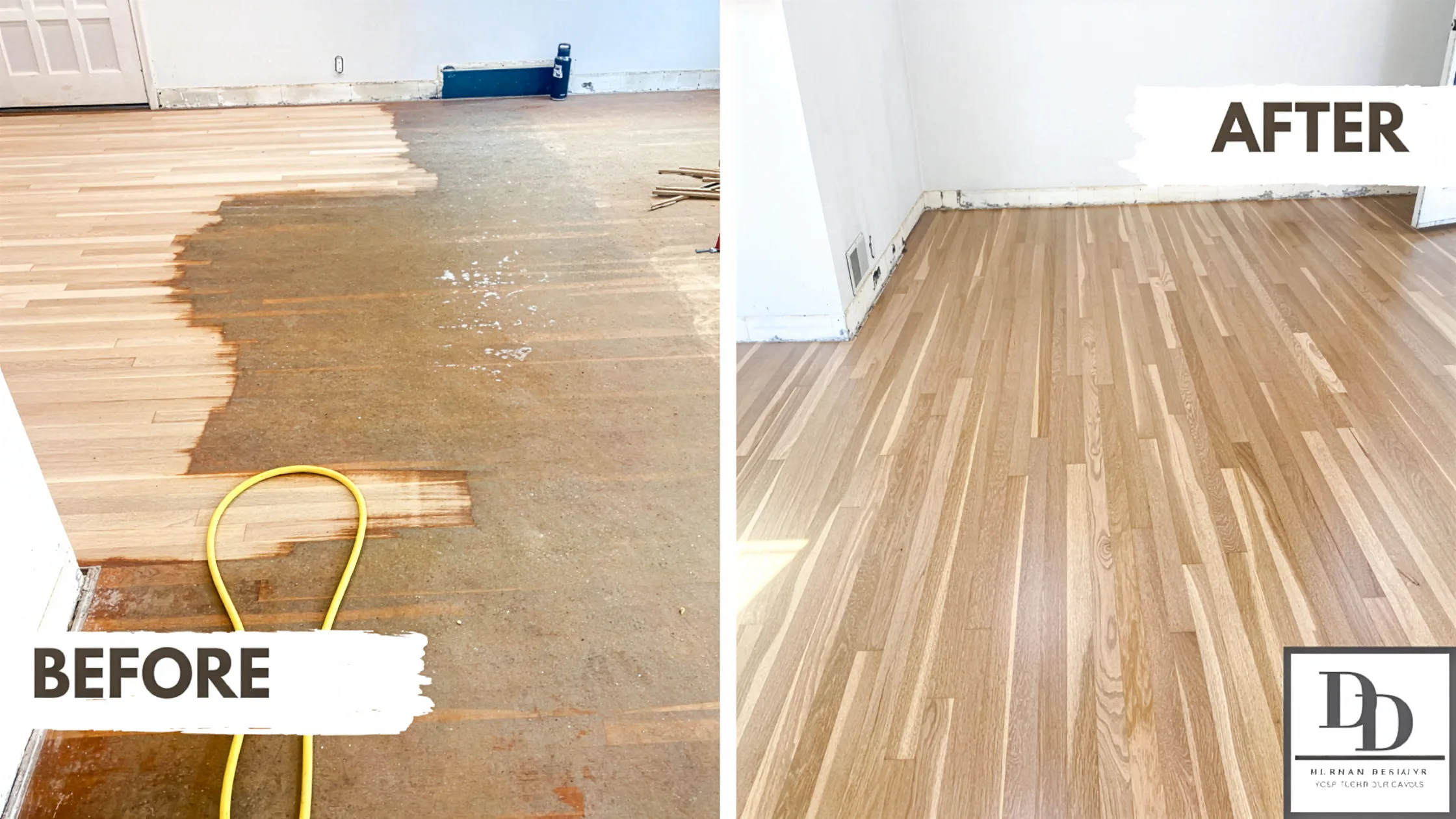 Before and after hardwood floor refinishing comparison in Lincoln, NE